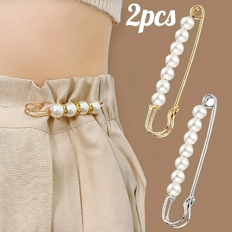 2pcs Elegant Plastic Inlaid Faux Pearl Shawl Clasp, Multifunctional Belt Buckle, Safe Headscarf Pins, Sweater Buttons and Women'