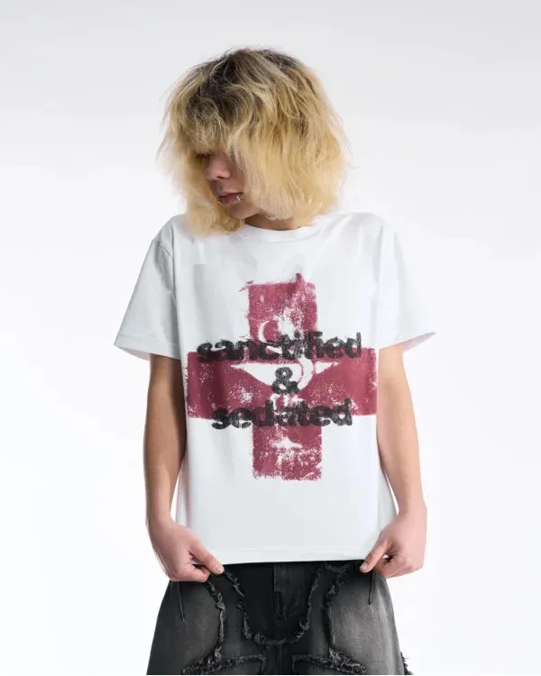 Sanctified & Sedated Y2K Street Trend Brand Graphic T-Shirt Cotton Men Women Streetwear Tee