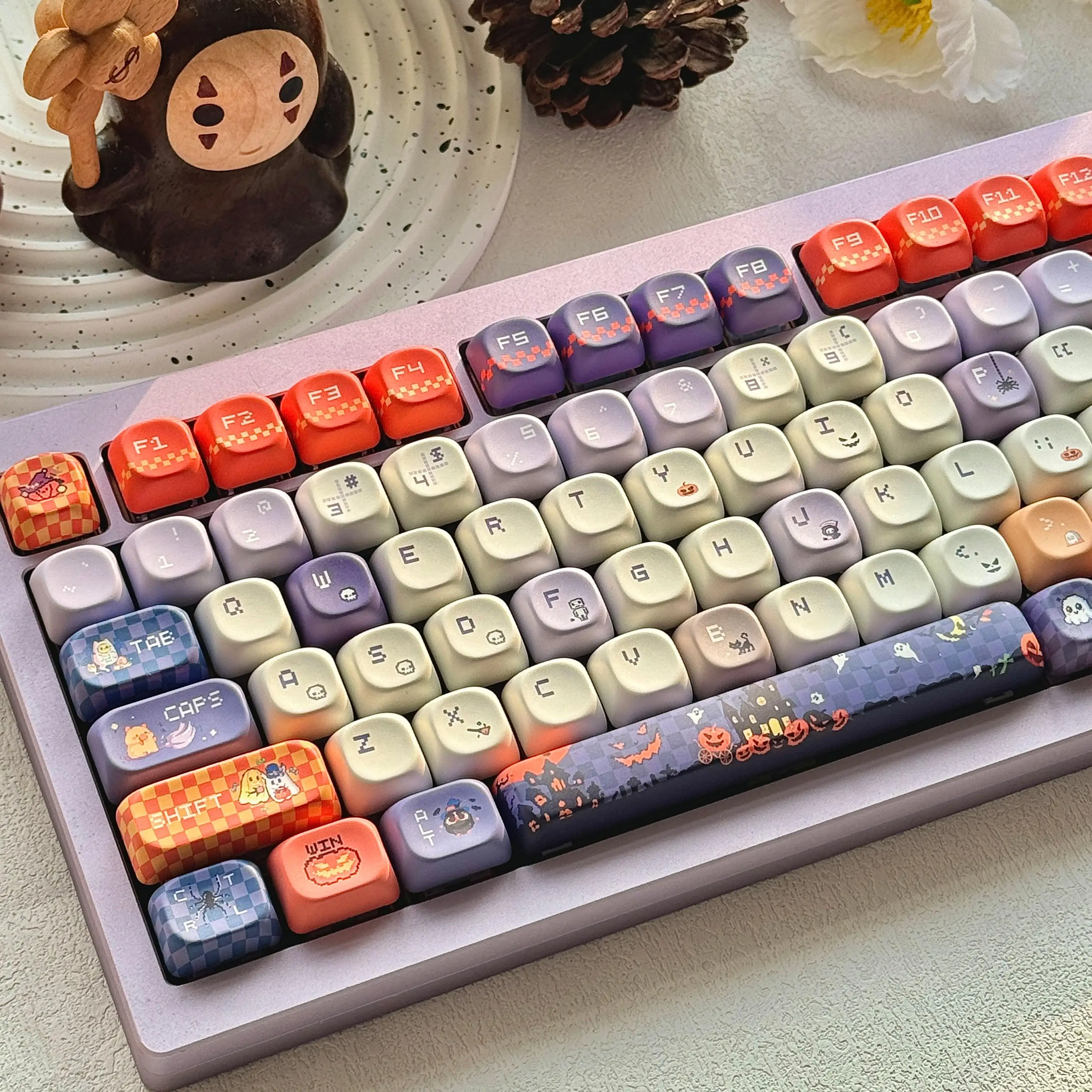 Trick Or Treat Pixel Halloween Keycap Cherry Moa Pbt Full Five-Sided Thermal Sublimation Purple Yellow Pumpkin Keycap Set 130Key