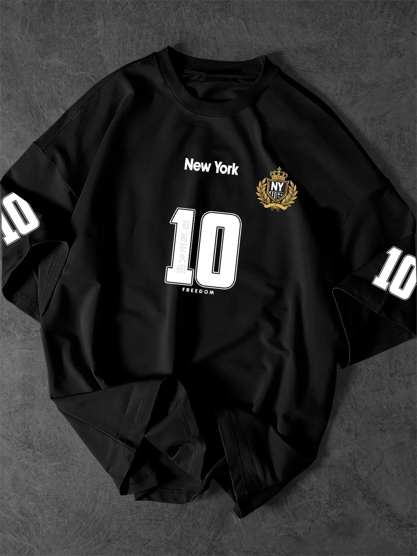Oversized Vintage Varsity T‑Shirt Men Streetwear No.10 Crown Badge Front Sleeve Print Graphic Tee Crew Neck Tops S‑XXL