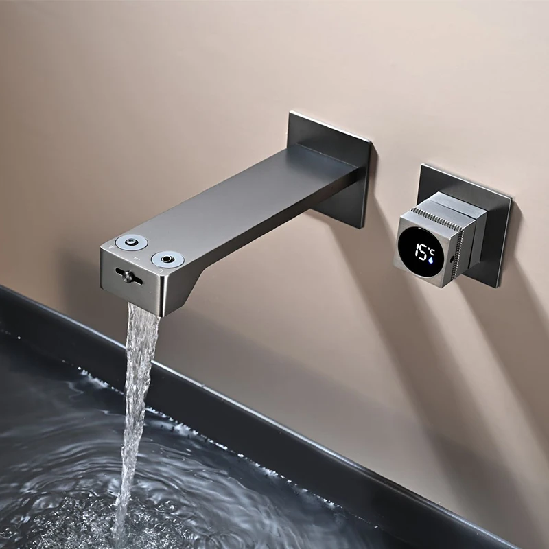 

Современный смеситель для раковины из латуни цвета оружейной стали, настенный, для горячей и холодной воды.