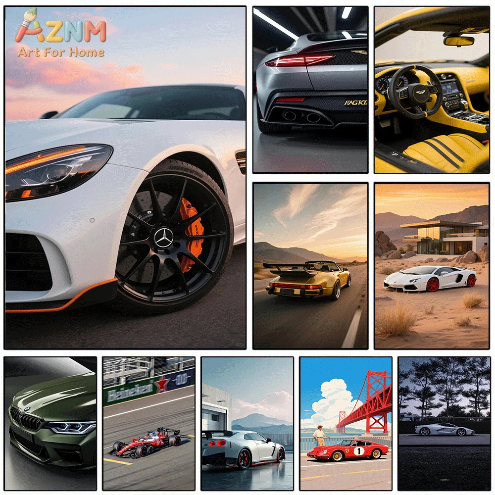 AZNM - Lienzo Decorativo de Autos Deportivos de Lujo, Mercedes, Aston Martin, Lamborghini, BMW, F1, Carreras, Desierto, Villa, Puente Golden Gate, Impresión HD