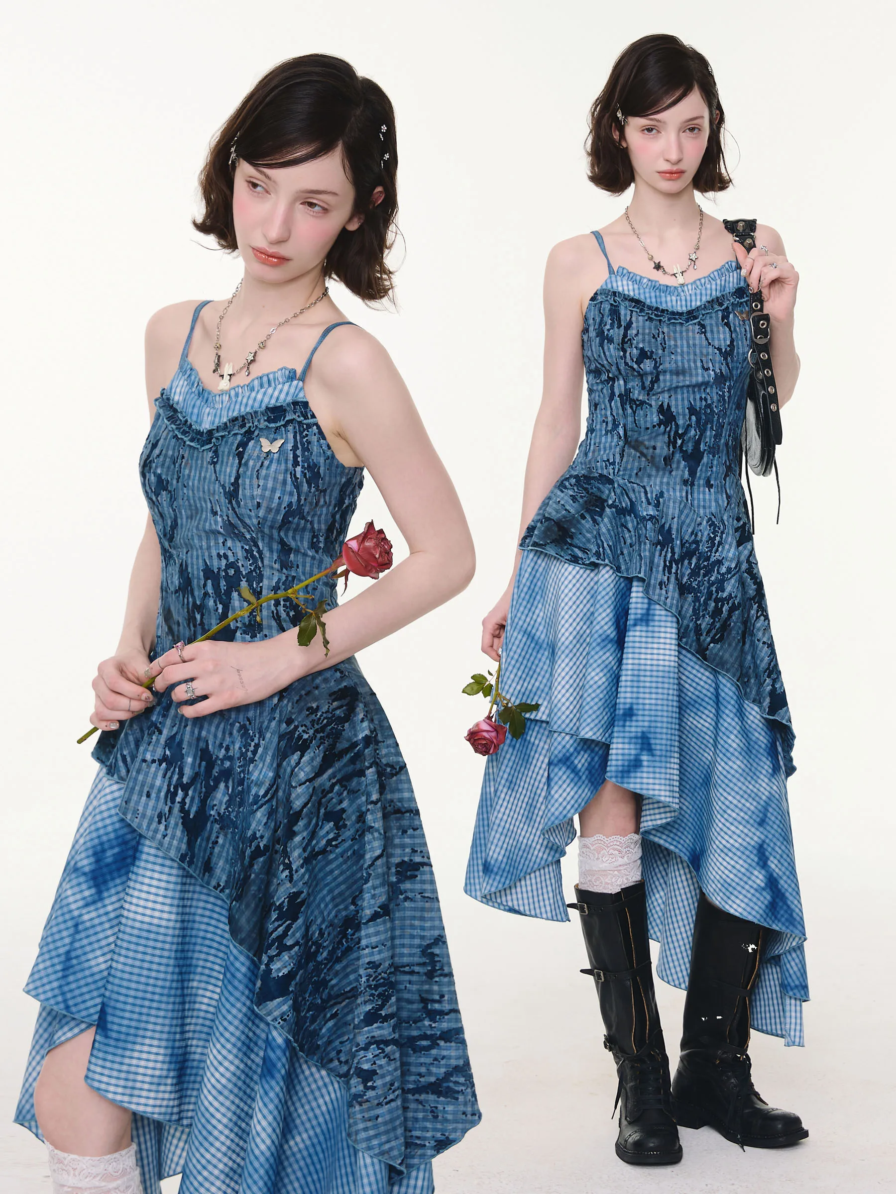 

Летнее платье ZiziFei с эффектом потертости, синее в клетку, с бретелями, асимметричное, винтажное, женское, для повседневной носки и путешествий