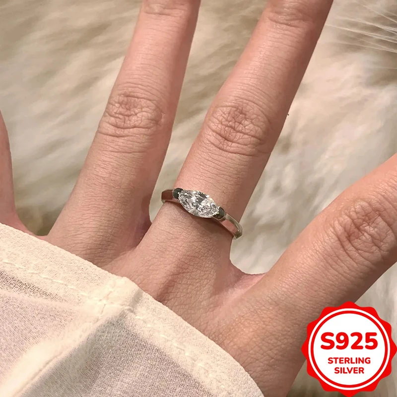 Fashionable, Classic and Versatile Authentic S925 Silver Simple Marquise Women's Wedding Ring