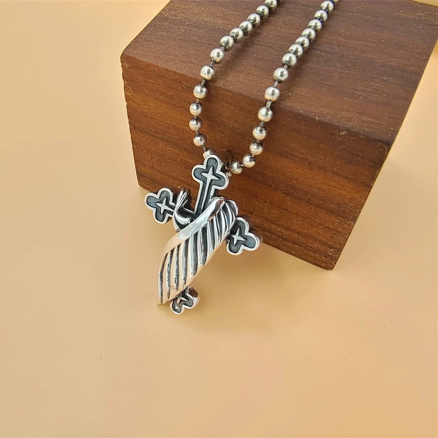 Budded Cross Trefoil With Wing Feather Vintage Sterling Silver 925 Men Women Orthodox Jewelry