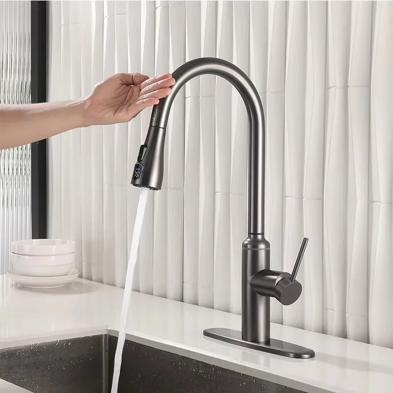 

ZC1- Modern Kitchen Faucet, metal faucet, single handle, digital stainless steel flexible pull-out kitchen sink faucet