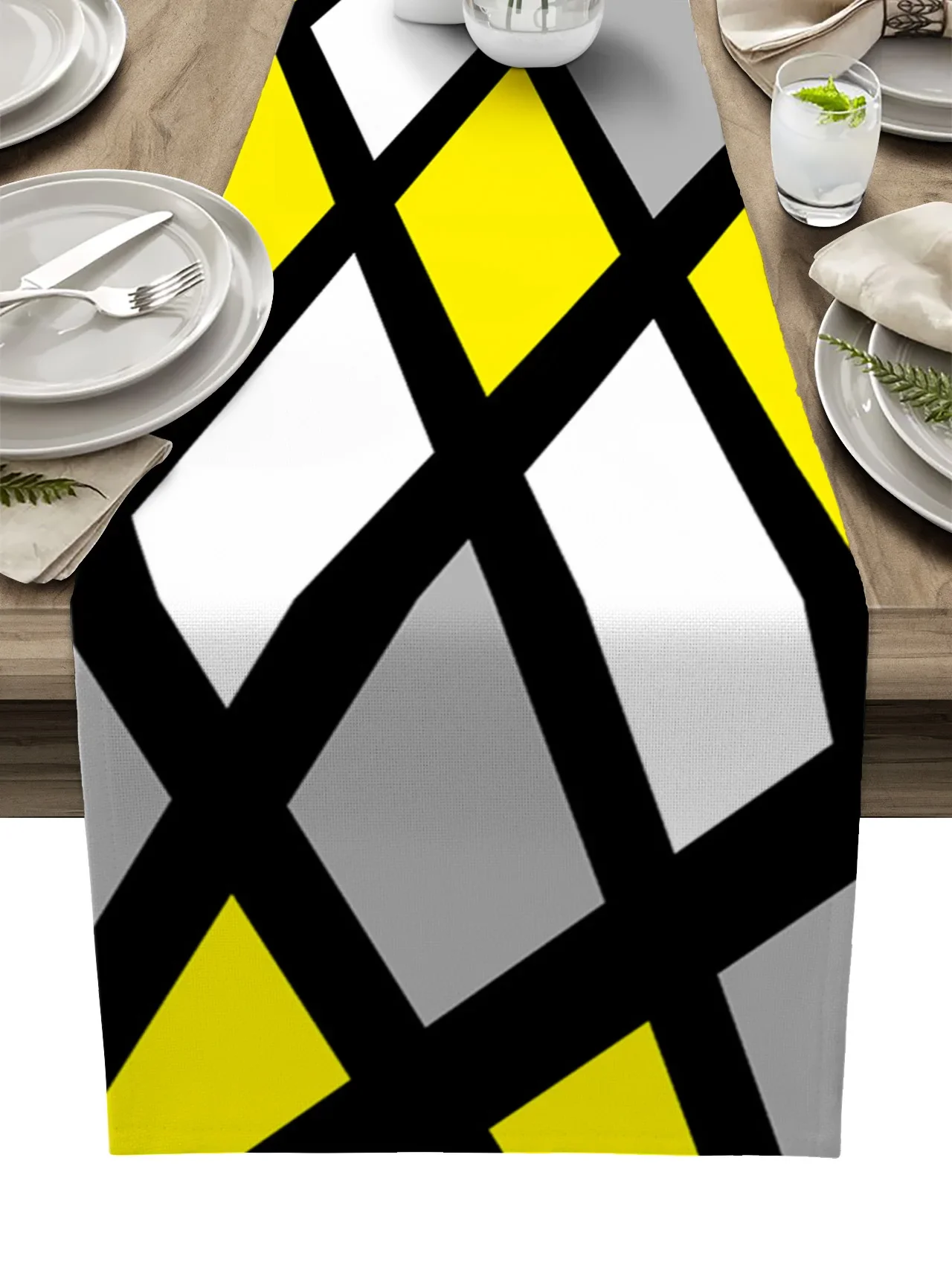 Yellow Black Grey Geometric Square Linen Table Runners Kitchen Table Decoration Dining Table Runner Wedding Party Supplies