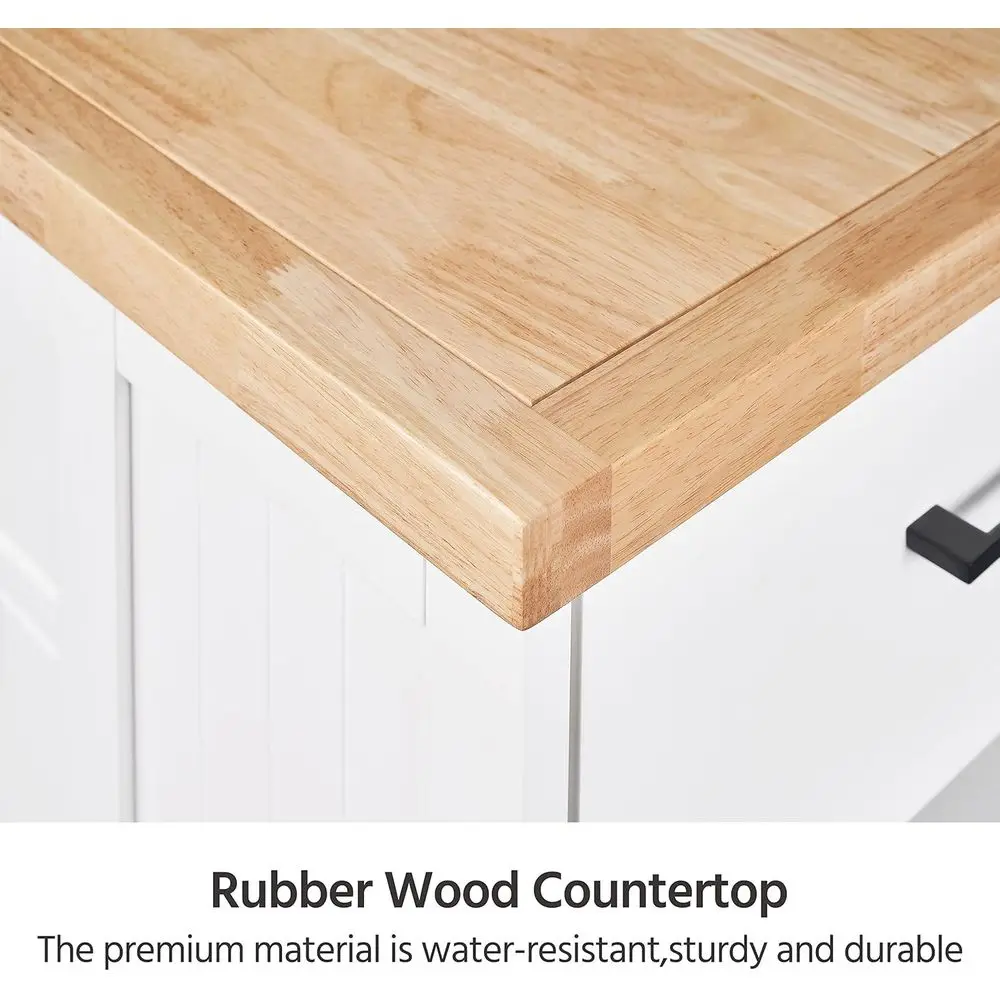 عربة مطبخ دوارة بثلاثة أدراج مع أرفف قابلة للتعديل، وخزانة تخزين متنقلة على عجلات، وسطح سميك من الخشب المطاطي، باللون الأبيض