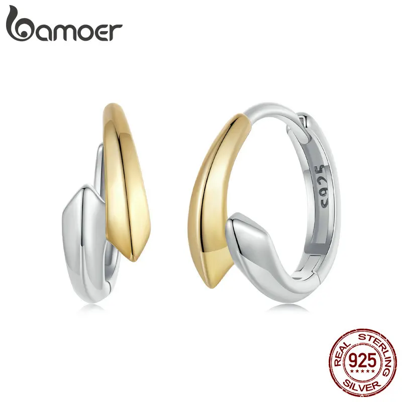 BAMOER 925 Sterling Silver Simple Two-tone Ear Buckles Classic Hypoallergenic Hoop Earrings for Women Fine Jewelry Gift BSE1021