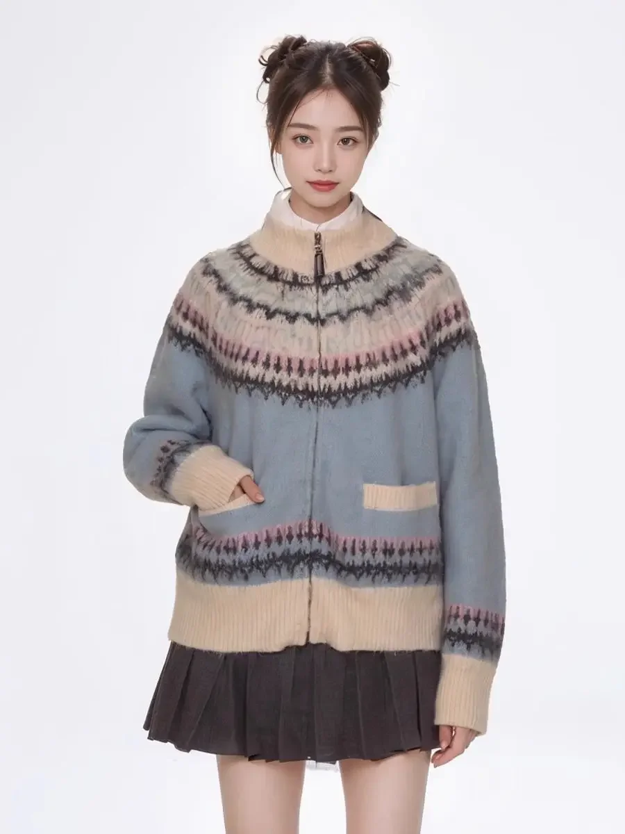 Vintage Stand Collar Knitted Cardigan Fair Isle Sweater Jacket for Women Long Sleeve Jumper Coat Korean Christmas Winter Clothes