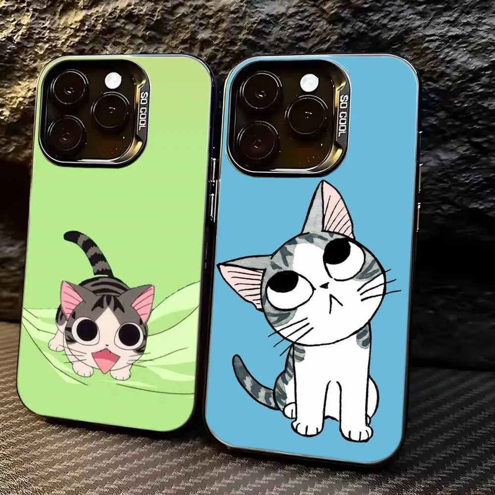 Cute Cat C-Chi Cartoon Phone Case For iPhone 17,16,15,14,13,12,11 Plus,Pro Max,XS,Colored Silver Plated Inside Cover