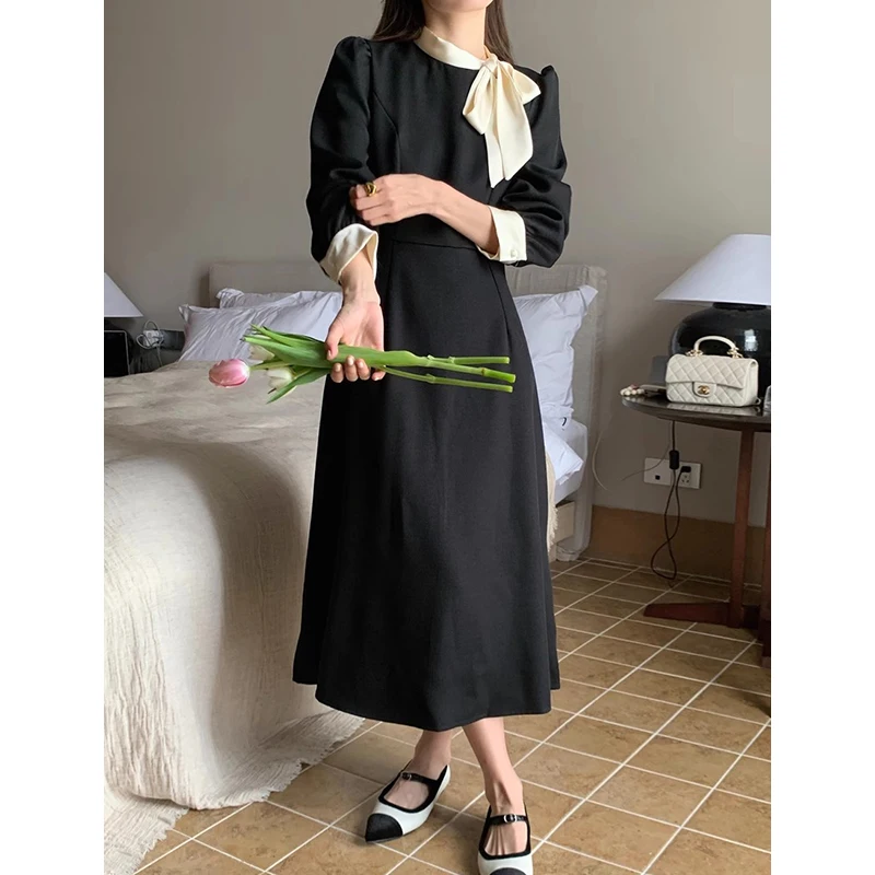 Retro Hepburn Style Strap Bow Design Vestidos 2024 Autumn Korean Chic Contrast Dresses Waist Slim Long Sleeve Dress Female