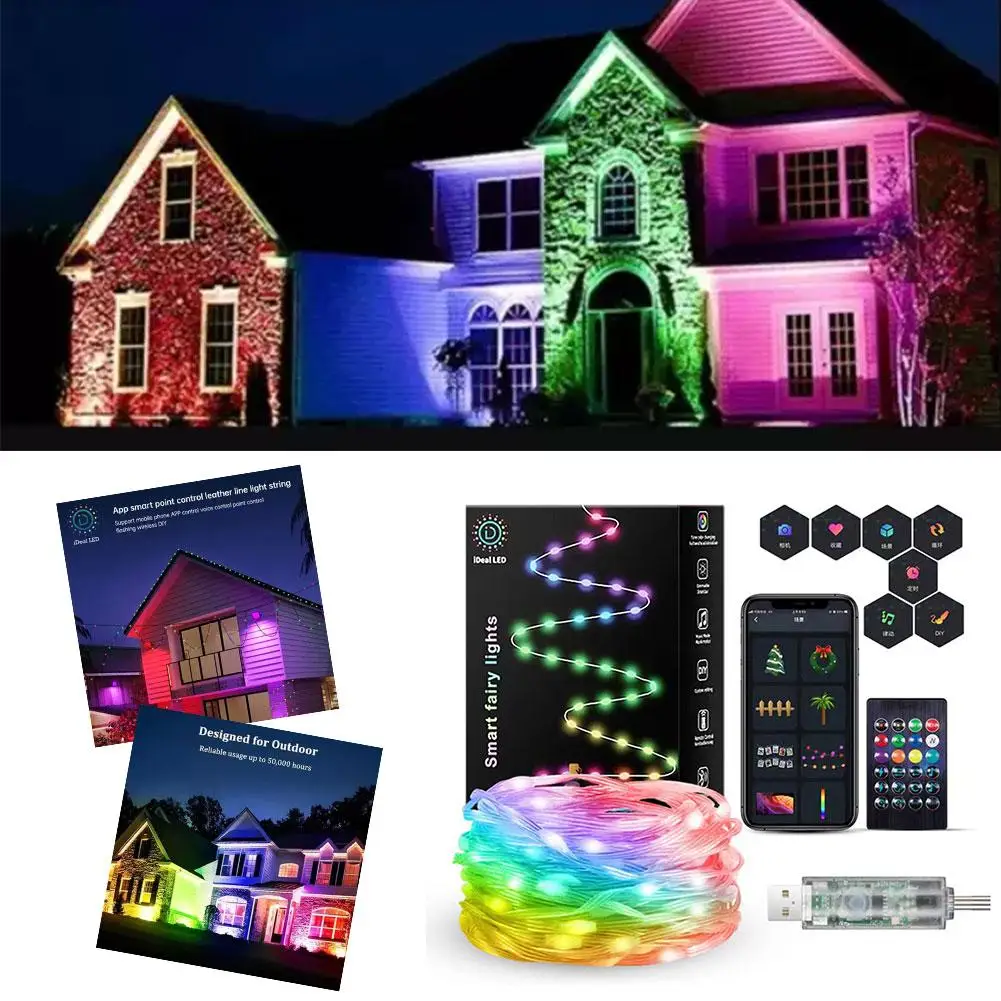 5/10/15/20m RGB fil de cuir coloré chaîne lumineuse intelligente Bluetooth contrôle LED chaîne lampe extérieure pour maison arbre de noël