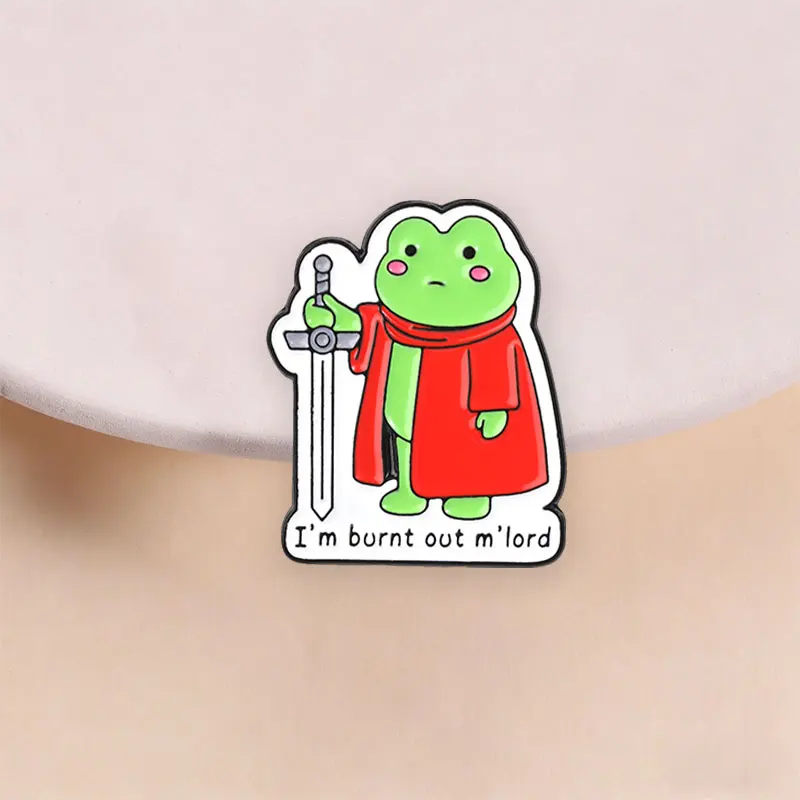 Burnt Out Knight Frog With Sword Enamel Pin Red Cape Green Frog Brooch With Funny Slogan For Office Workers And Humor Gift Style