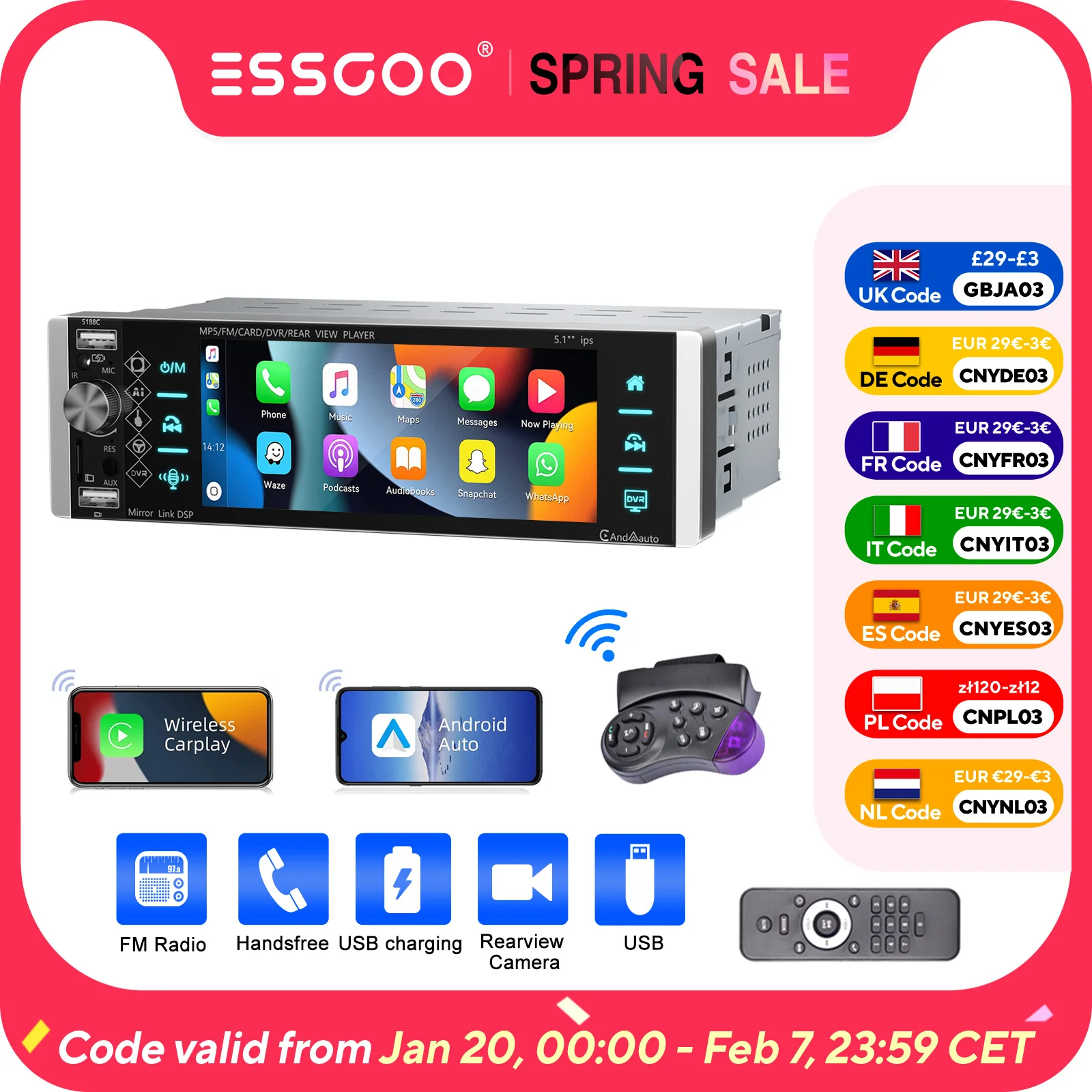 ESSGOO Single DIN Car Stereo Head Unit Wireless Carplay Android Auto 5