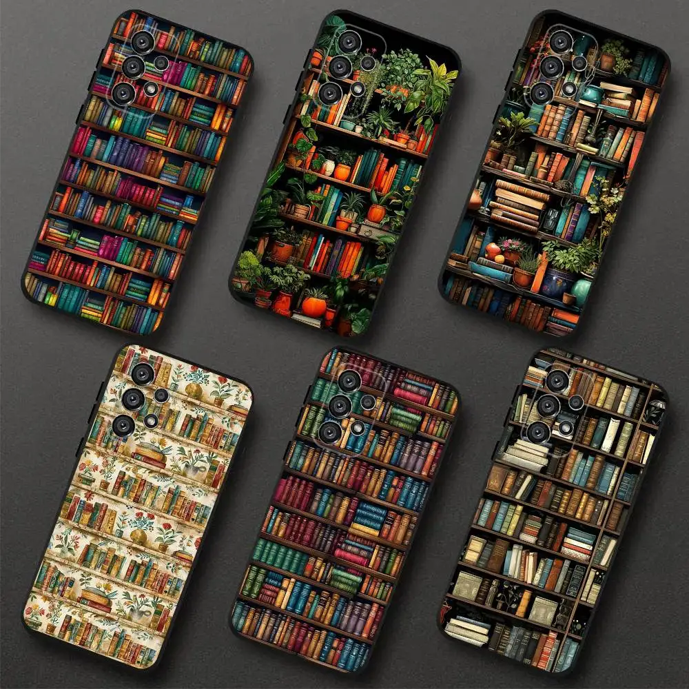 

Creative Bookshelf Phone Case For Samsung S 25,24,23,22,30,21,10,9,Ultra,Plus,Lite,FE,4,5G Black Soft Case