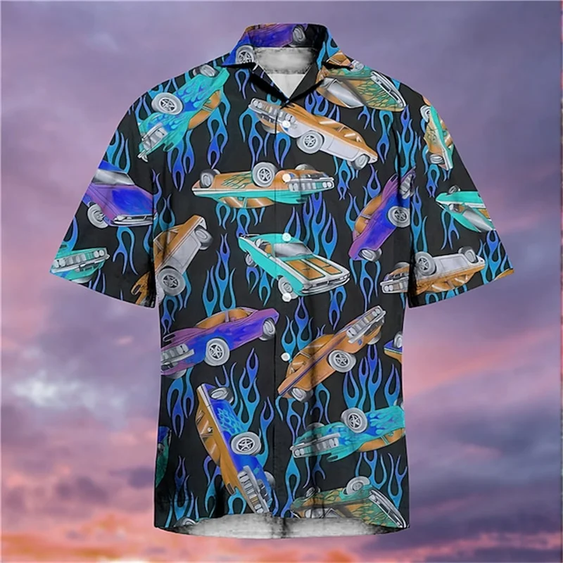 Hawaiian vintage car 3D shirt Men's loose fitting clothes Summer breathable top Short sleeved quick drying casual Men's clothing