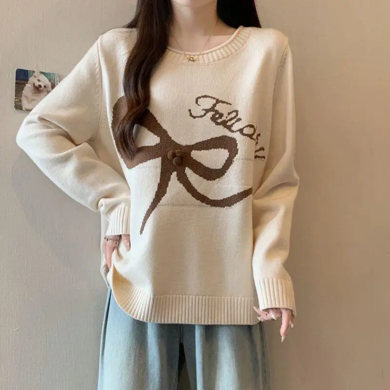 Hot Autumn Winter Fashion Versatile Women Clothing Korean Bow Lazy Knit Sweater Casual Loose Super Good Looking Pullover Sweater