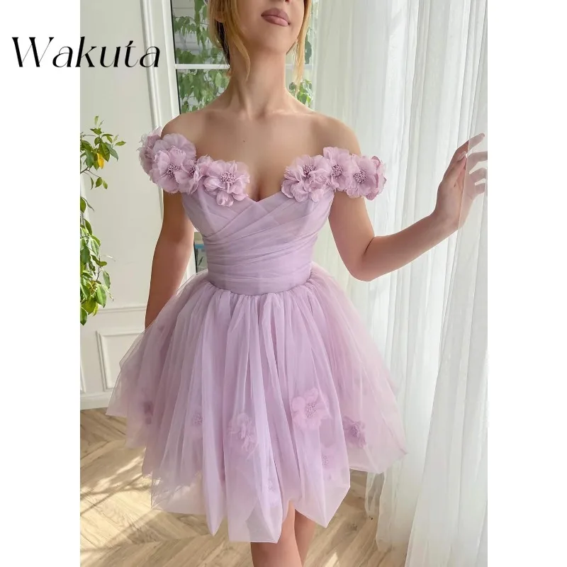 Wakuta 3D Flowers Tulle Homecoming Dress Short Off The Shoulder Fairy Dress Cocktail Party Vestido Elegante Mujer فساتين السهرة