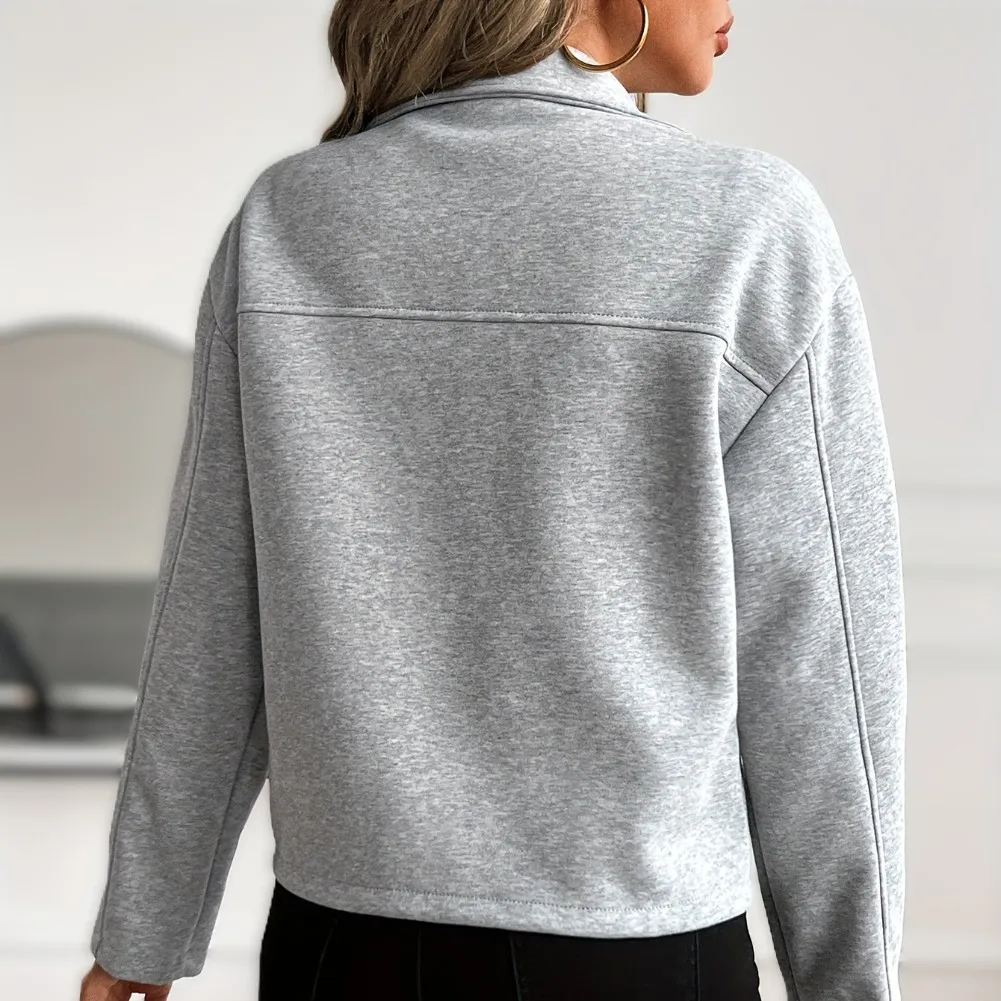 Solid Color Womens Short Coat Polyester Fabric Lapel Collar Zip Fastening Double Pockets Drop Shoulder Autumn Style