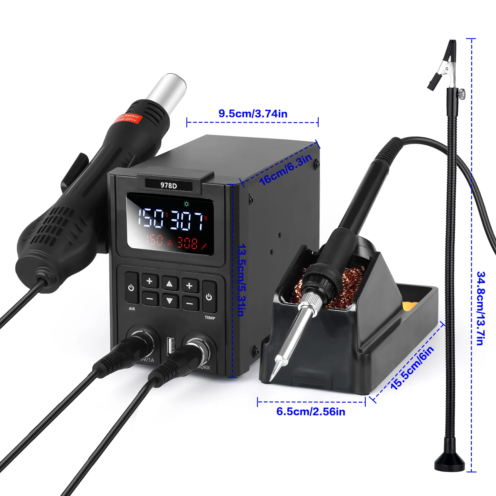 987D LED Display2-in-1 Soldering Station Sleep Function, and 3 Air g un Nozzles With Magnetic Helping Hands Soldering Third Hand