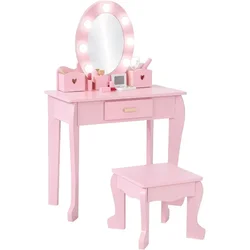 Bophy Girls' Vanity Table and Chair Set, Kids Makeup Dressing Table with Lights & Wood Makeup Playset, Kids Vanity Set with Mirr