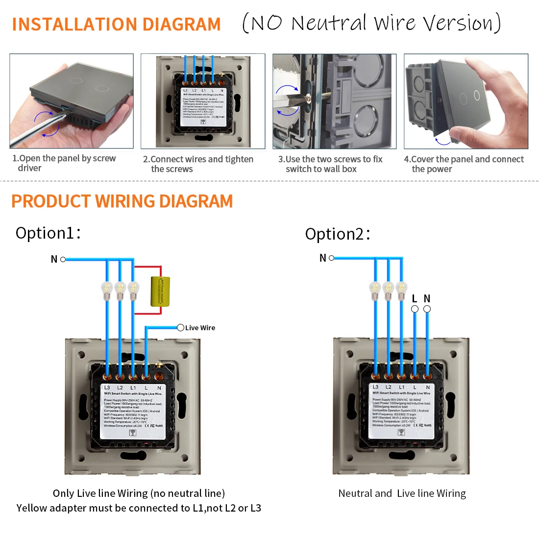 Wifi Wall Touch Switch EU No Neutral Wire Required Smart Light Switch 1 Gang 220V Tuya Smart Home Support Alexa Google Home