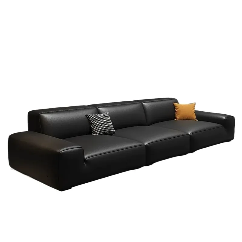 for Italian Modern Simple Living Room Sofa Big Black Cowhide Leather Straight Row Latex Tofu Block Apartment Cat Scratching