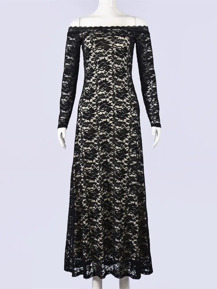 Off Schulter Spitze Schwarz Bleistift Kleid Frauen Trend Langarm Sexy Elegante Abend Party Dünne Stretch Maxi Bodycon Kleider 2026