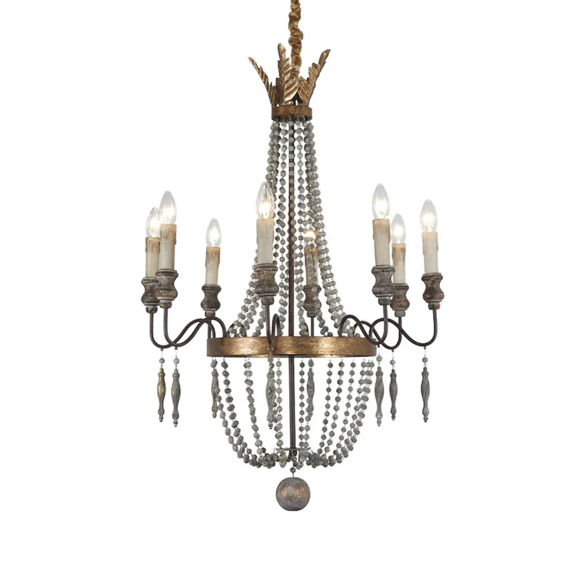 French wooden bead chandelier retro lamp wrought iron old American villa bedroom candle decorative chandelier