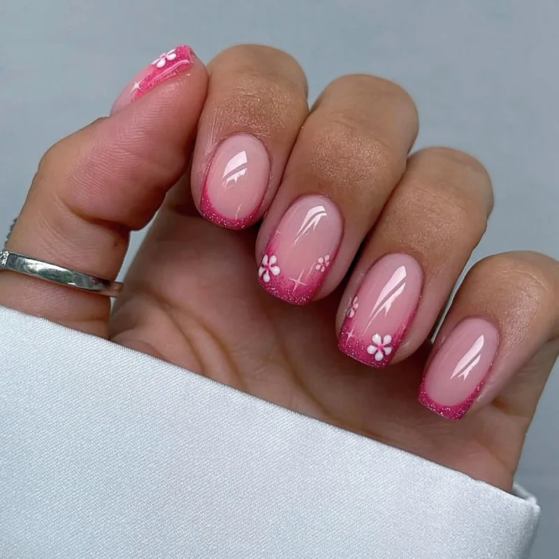 Colorful Flowers Square False Nails Art Ballet Fake Nails Glitter Powder Rhinestones Pearl Press on Nails Charms Manicure Tools