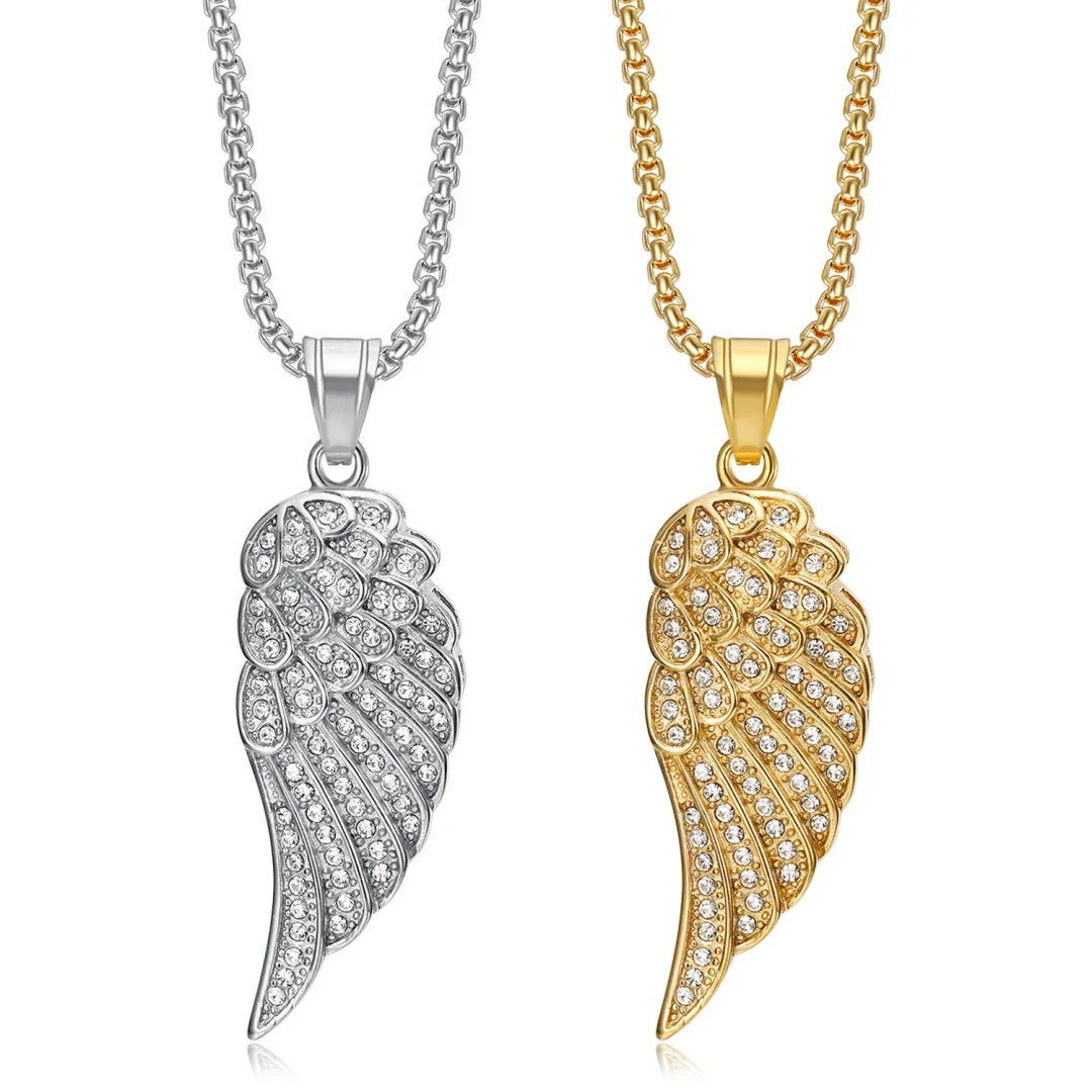 

Punk Rock Iced Out Wing Feather Pendant Gold Silver Color Stainless Steel Chain Zirconia Rapper Necklace for Women Men Jewelry