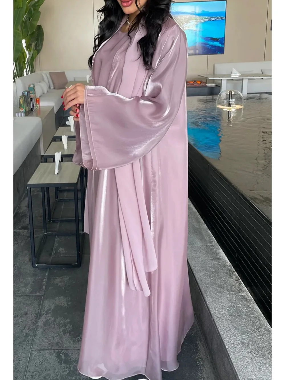 Abaya-Robe musulmane élégante pour femmes, ensemble 2 pièces soyeux, ceinturé, robes de soirée, kimono, saoudien, arabe, dubaï, caftan, islamique,