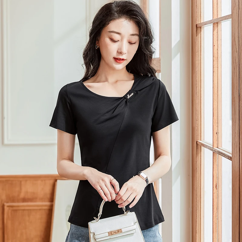 2023 Summer New Solid Short Sleeve Women's T-shirt Round Neck Cotton Splice Comfortable Fashion Casual Fit Pure Cotton Top