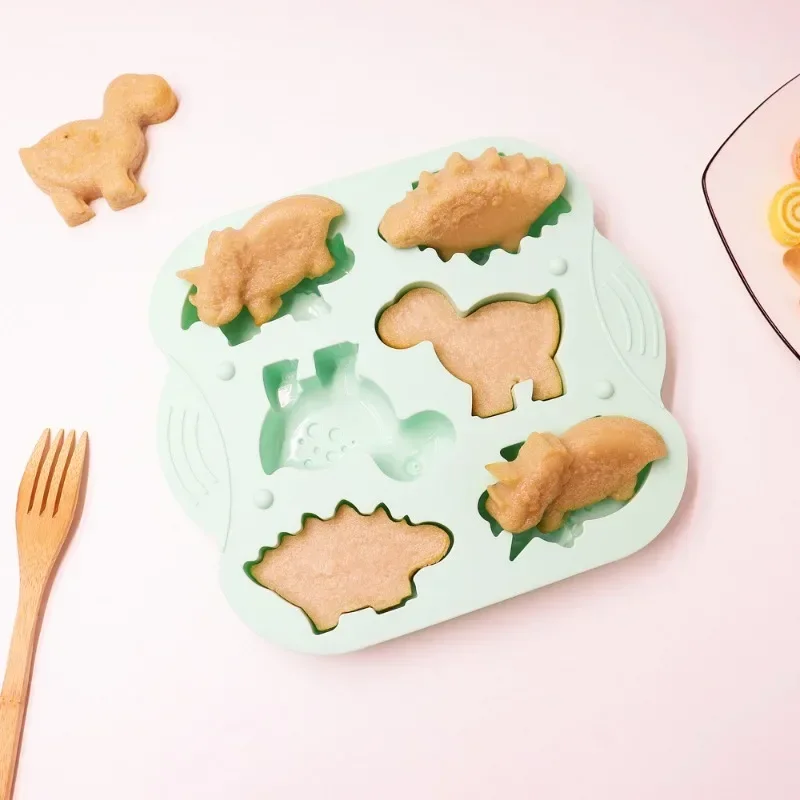 Molde de silicona de dinosaurio de platino, herramientas para hornear arroz y pastel de comida de bebé, herramienta para hacer pasteles de gelatina y arroz, 6 en 1, nueva llegada