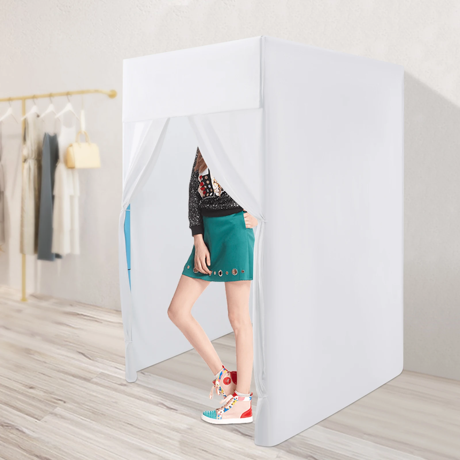 White No-Install Movable Fitting Room, Foldable Easy-to-Set-Up Temporary Dressing Room for Clothing Store, Mall