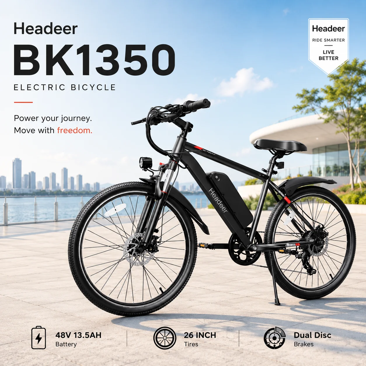HEADEER Elektrofahrrad mit bürstenlosem Motor, 48V13.5AH Lithium-Batterie