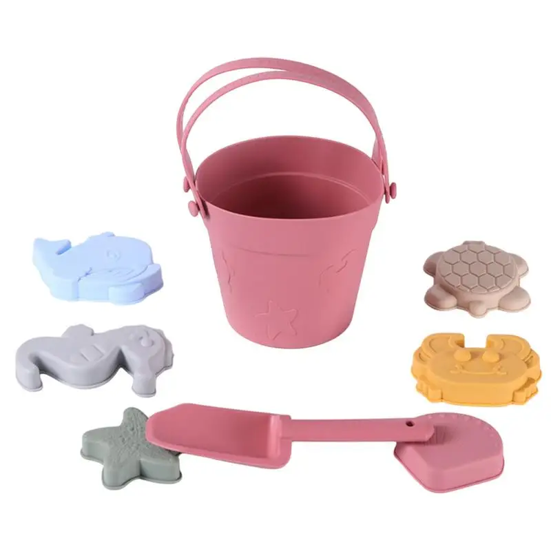 Conjunto de 8 brinquedos de praia de silicone ecológico para crianças, diversão, verão, ao ar livre, com balde