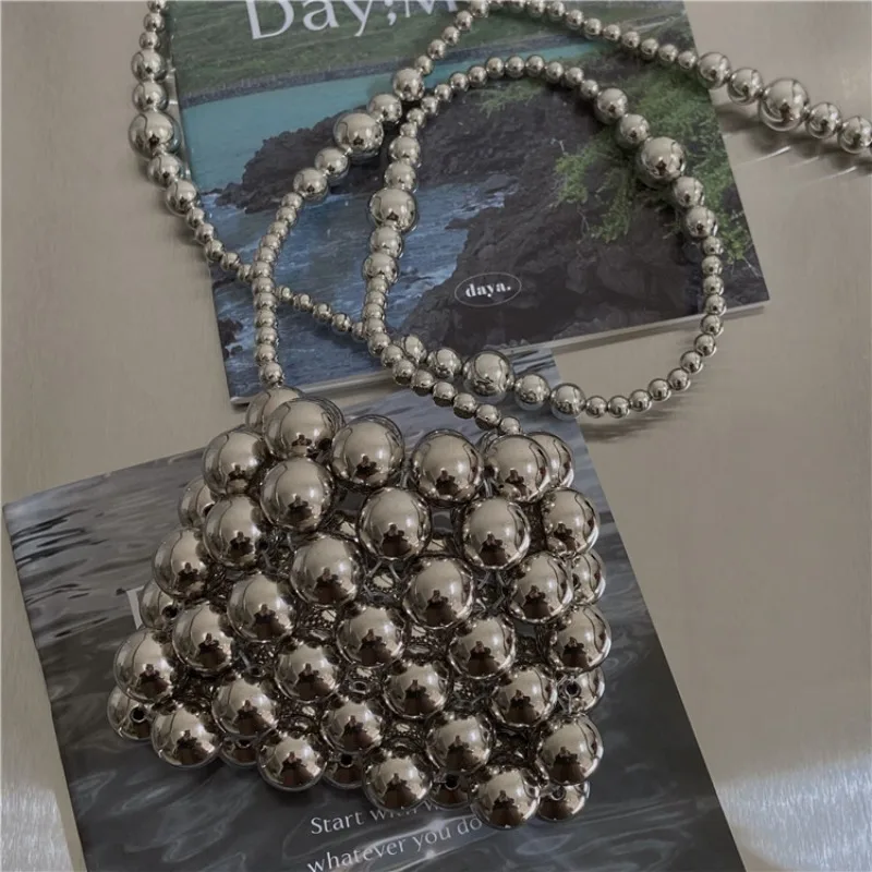 DIY Premium Metal Silver Crossbody Bag DIY Handmade Woven Beaded Bag Handheld One Shoulder Mini Cute Small Pearl Chain Bag