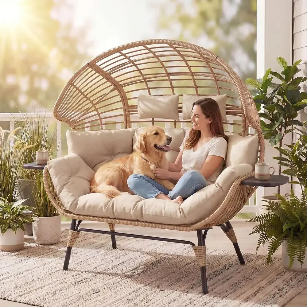 2-Person Oversized Egg Chair with 8 Cushion - 700 lbs Capacity for Indoor or Outdoor Use (Beige Radial)