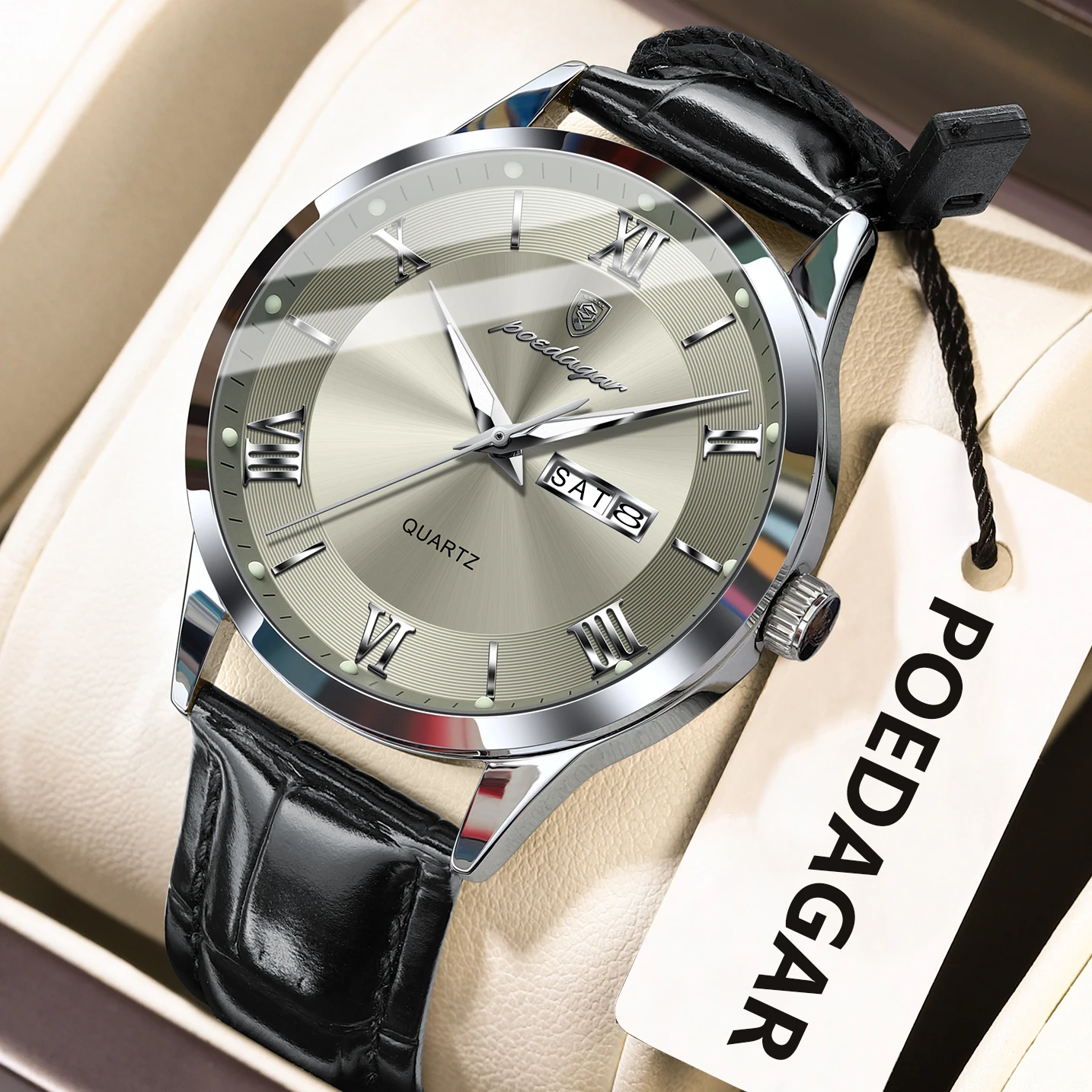 POEDAGAR Luxury Fashion Men's Quartz Watch Waterproof Luminous Date Week Man Watch Simple Leather Business Watches For Men Reloj