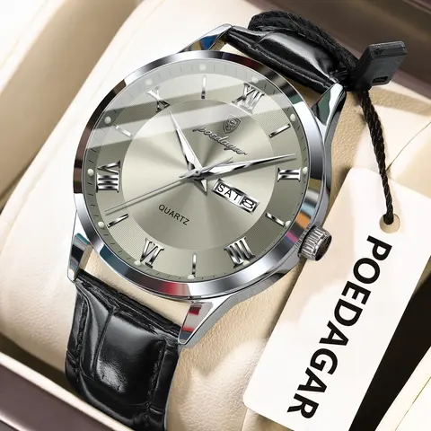 POEDAGAR Luxury Business Wristwatch For Men Date Week Leather Quartz Male Watch Waterproof Luminous Fashion Men's Watches Reloj