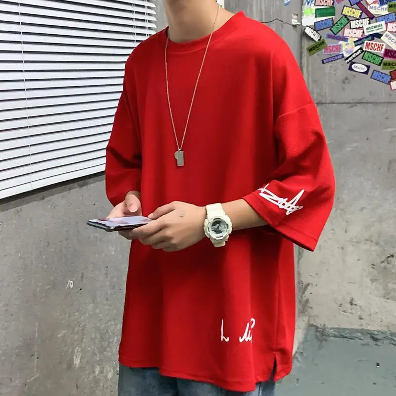 Fashion Solid Color Printed Asymmetrical T-Shirt Men Clothing 2023 Spring New Oversized Casual Pullovers Loose Korean Tee Shirt