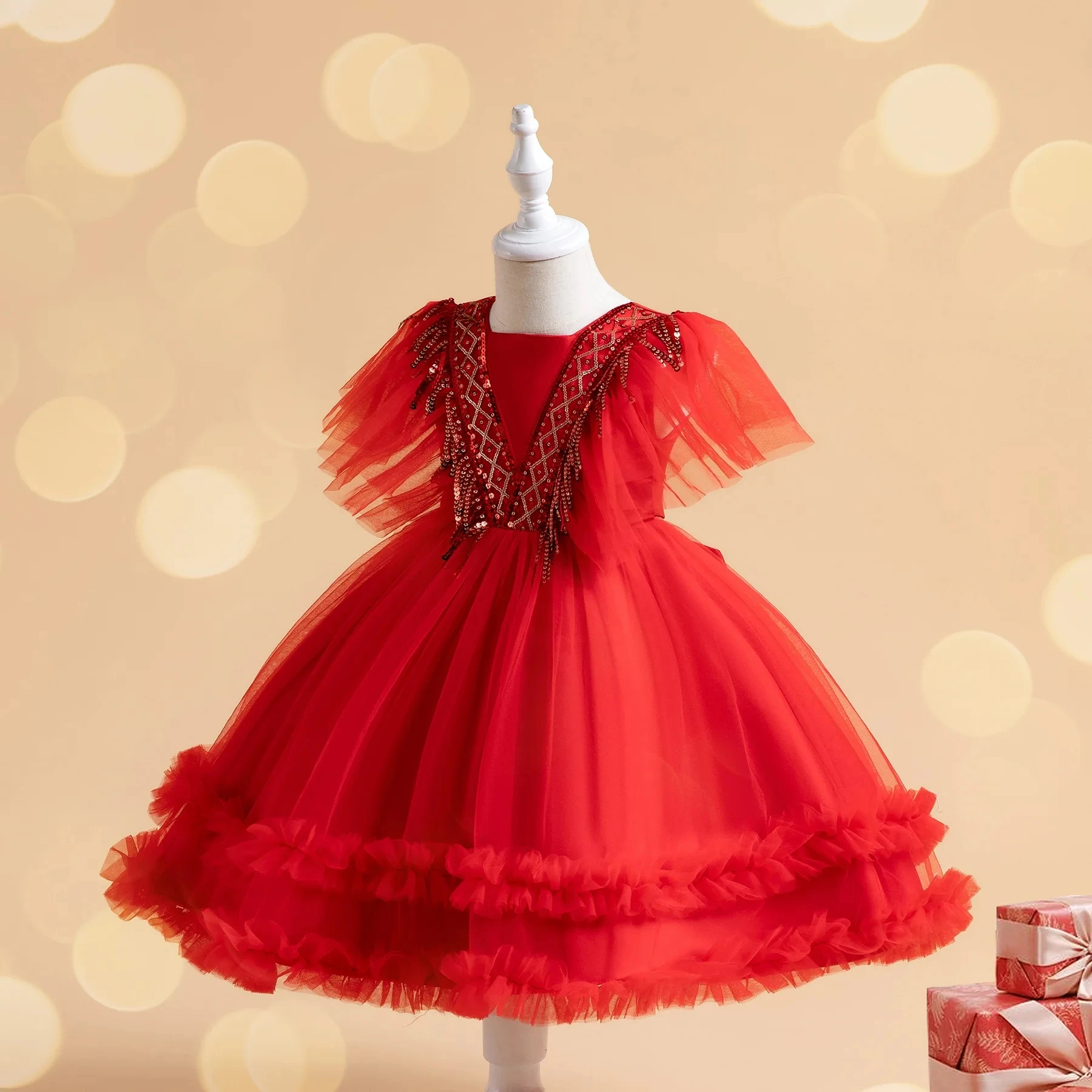 2024 New Sequin Christmas Baby Girl Dresse Infant1st Birthday Party Wedding Prom Kids Dresses For Girl Lace Flower Princess Gown