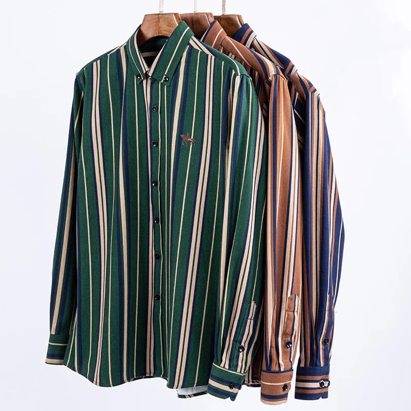 2024 new autumn men's long-sleeved plaid striped100% cotton Oxford spinning chest embroidery regular fit button work shirt S~6XL