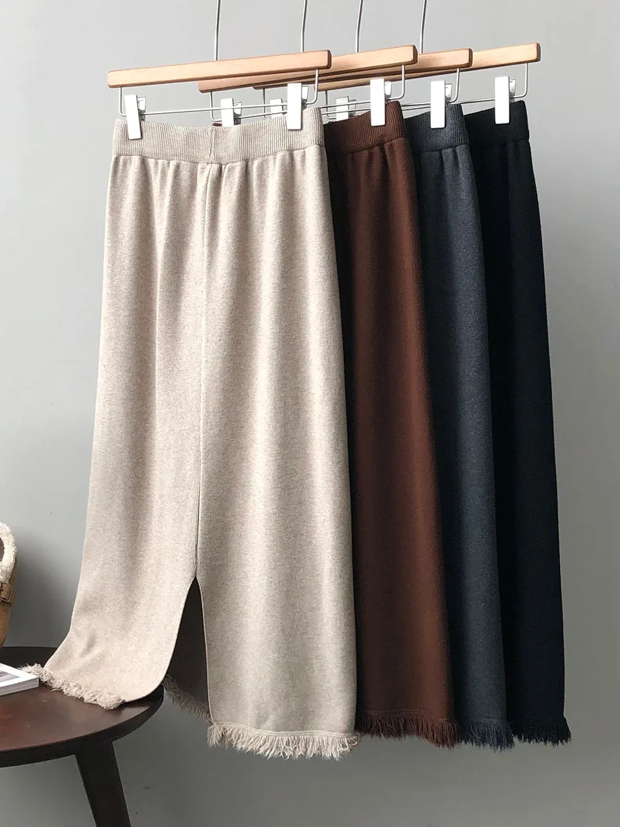 Thick Warm Knitted Long Maxi Skirt Women 2024 Fall Winter Casual Solid A Line High Waist Stretch Skirts Female Ladies C-294