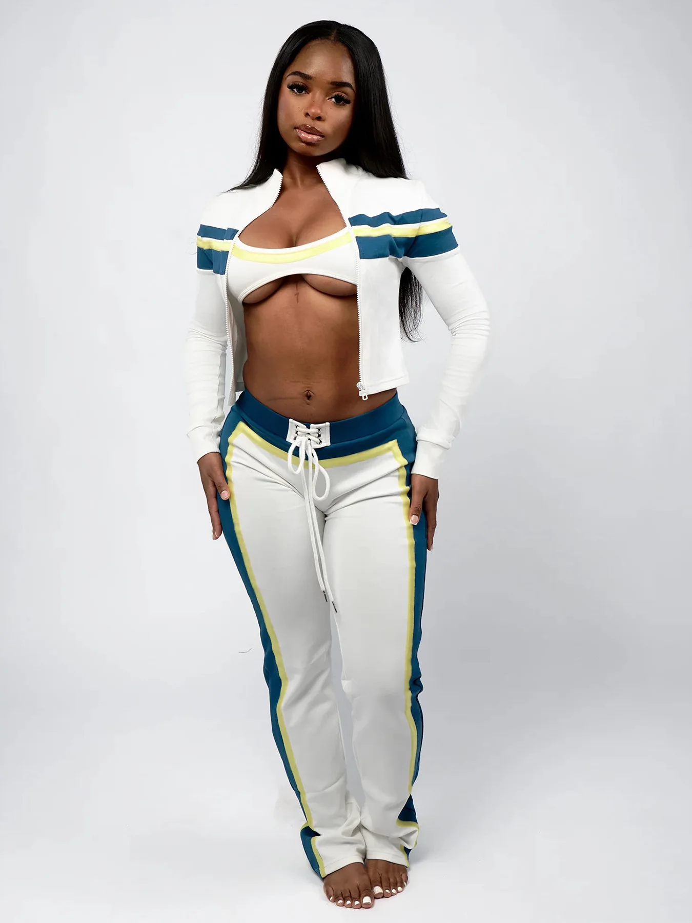 

Women Tracksuit Set Fall Contrast Color Sports Bra Long Sleeves Jacket And Pants Sets Casual 3 Piece Set Women'S Sportswear