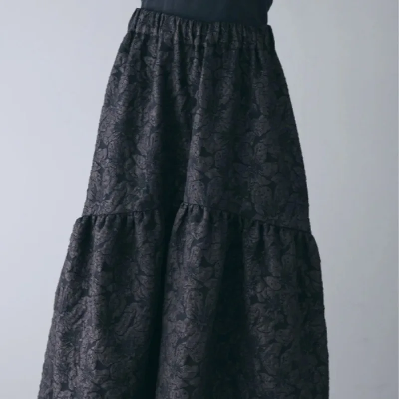 KUSAHIKI Embroidered Women's Black Casual Swing Half Skirt Fashionable A-line Skirts Mujer