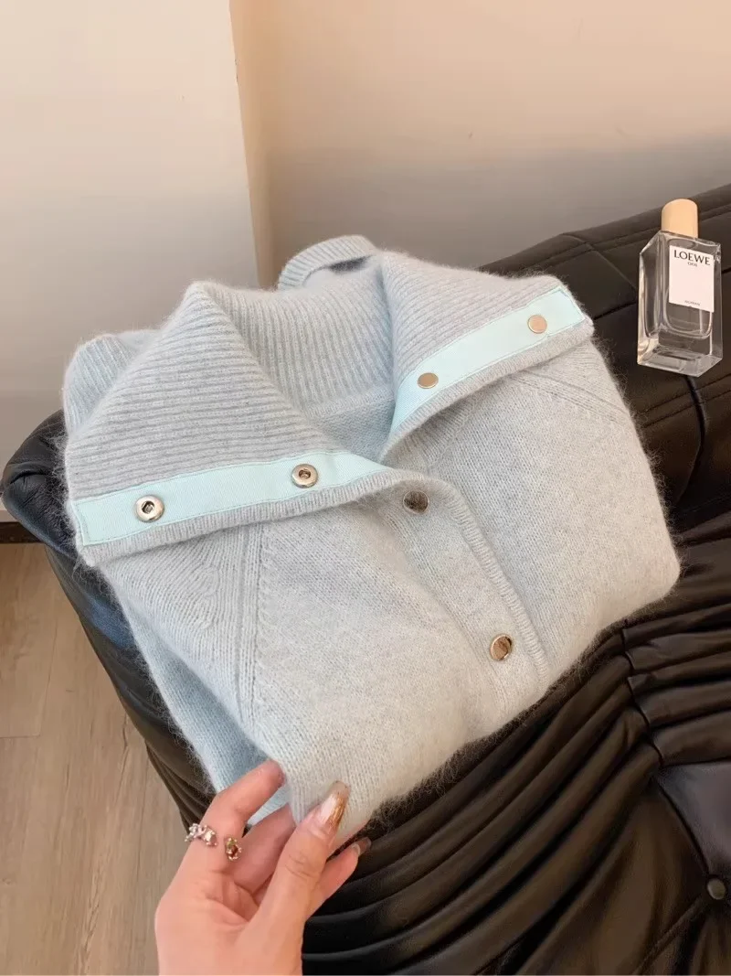 Light Blue Button Up Stand Collar Turtleneck Sweater Jacket Korean Sweet Women Cardigan Loose Comfortable Soft Winter Autumn Top