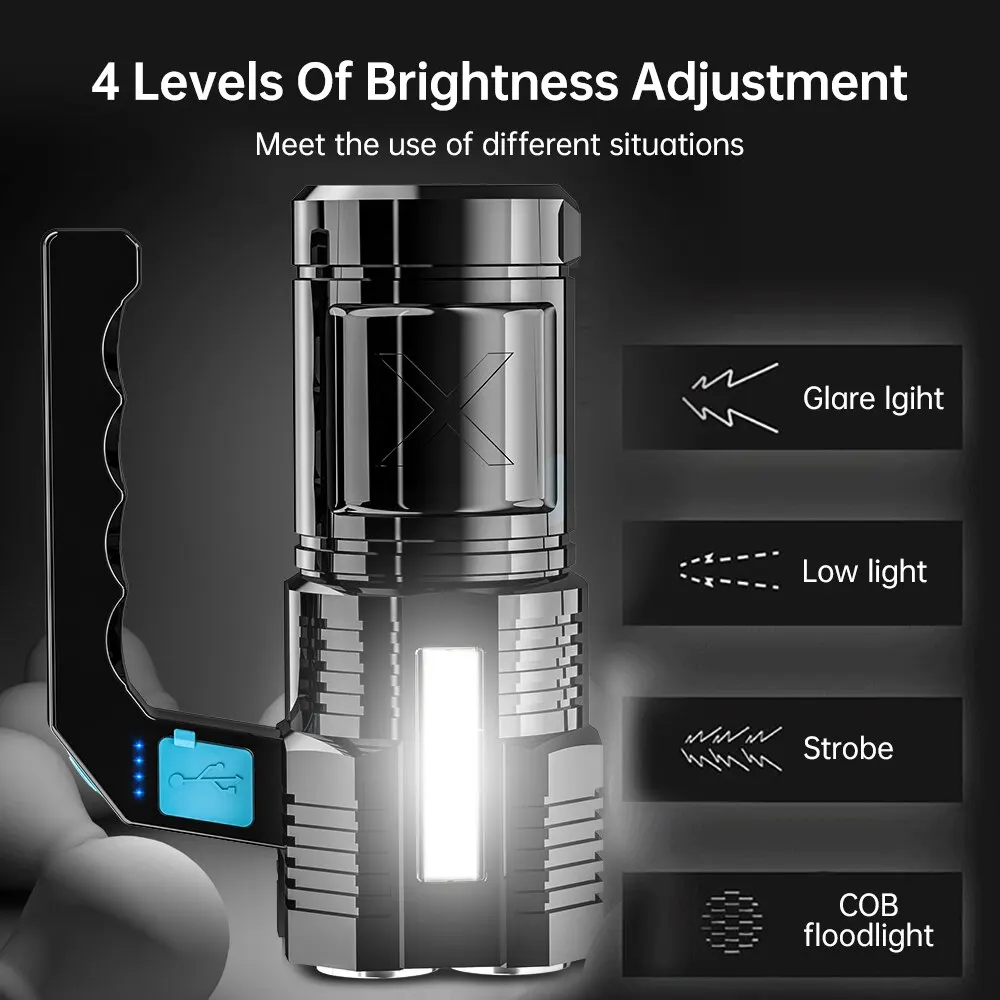 Powerful LED Flashlight Super Bright USB Rechargeable COB 4 LED Handheld Lantern Camping Portable Torch Light